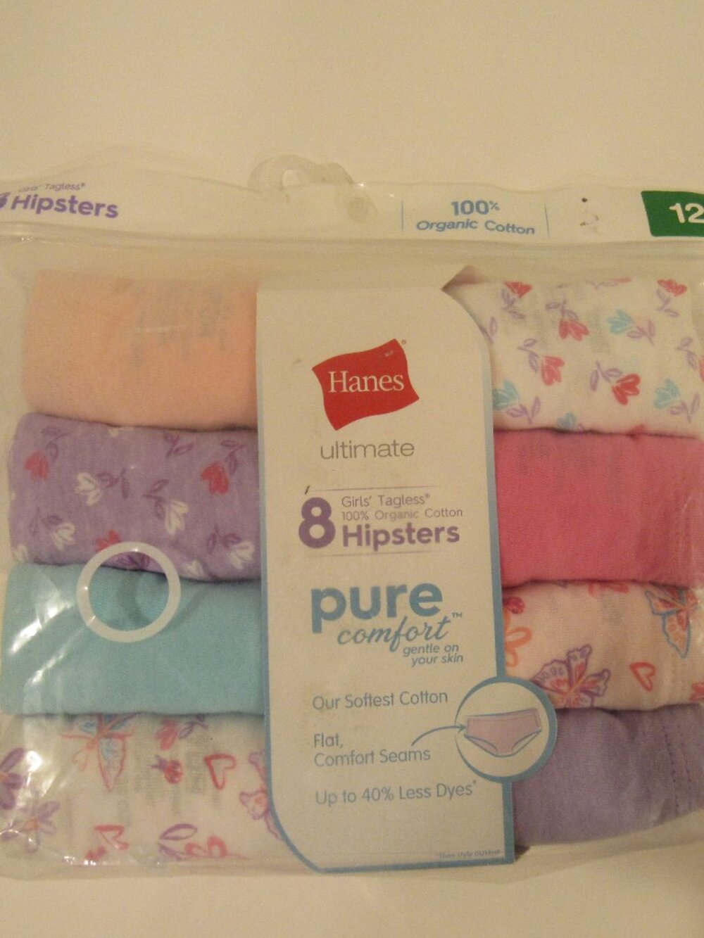 NEW PACK OF 8 GIRLS HANES HIPSTERS 100% ORGANIC COTTON SIZE 12